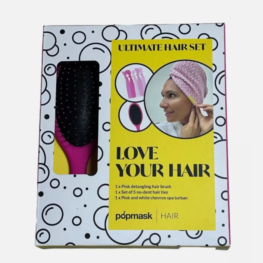 Popmask Ultimate Hair Set Detangling PINK Hair Brush & Hair Ties & TURBAN. NEW - Picture 2 of 6
